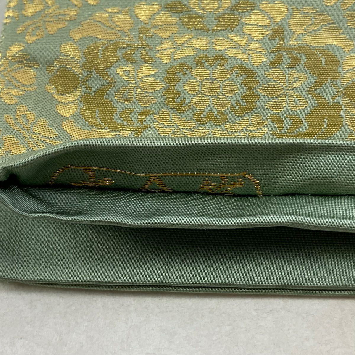 【美品】 袋帶 秀品級 華紋 花唐草紋 金金箔 金絲 灰綠 お太鼓柄 純蠶絲