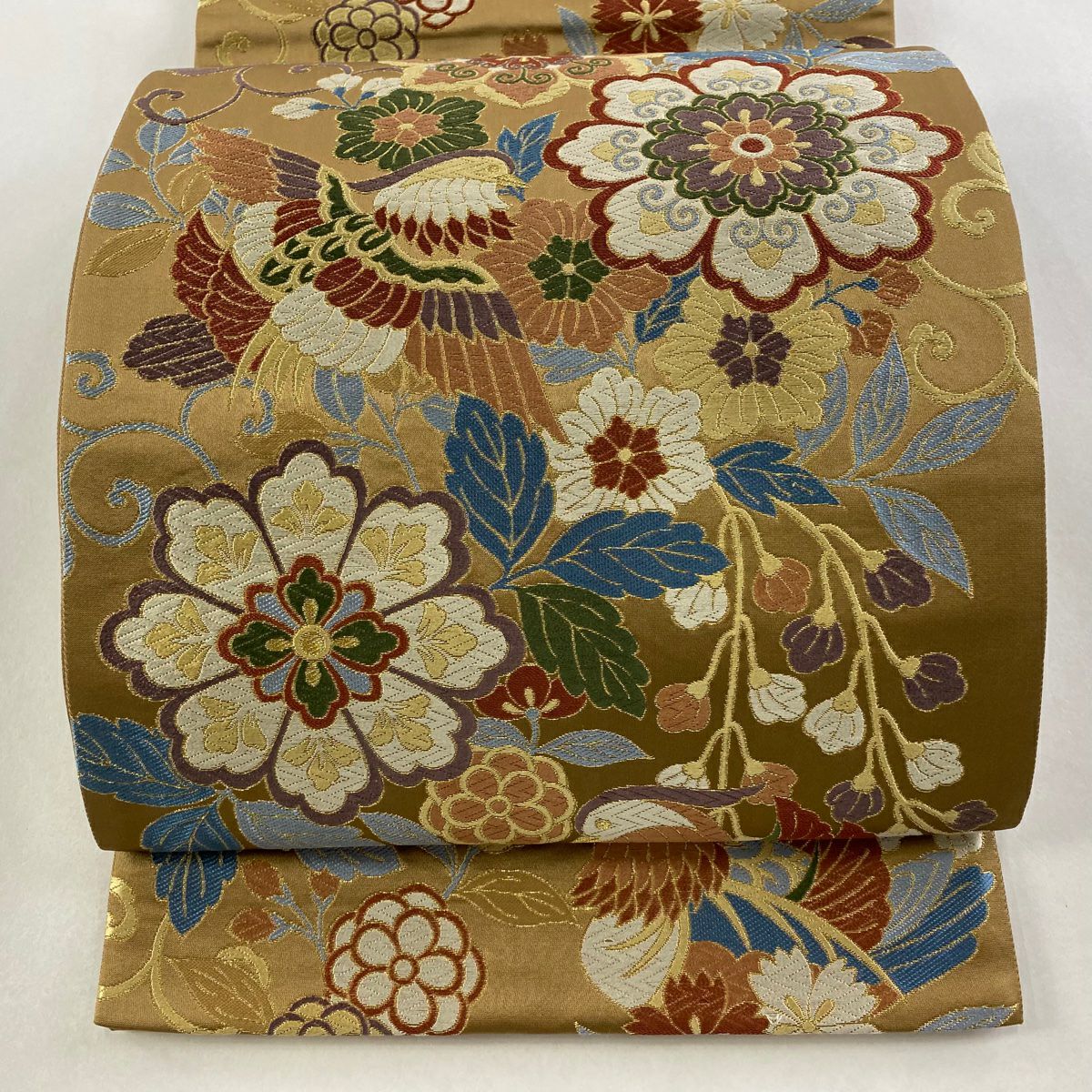 袋帶 秀品級 鴛鴦 華紋 金絲 唐織 茶 六通 純蠶絲