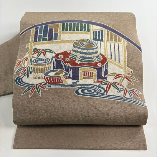 【美品】名古屋帶 秀品級 建築 竹子葉 絞織 薄茶 純蠶絲