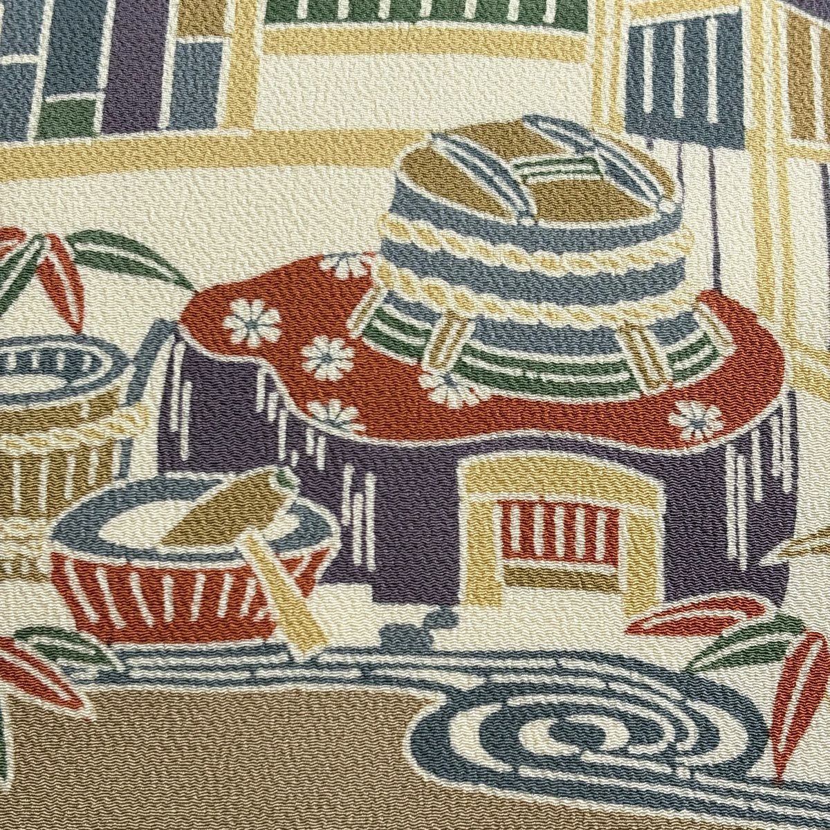【美品】名古屋帶 秀品級 建築 竹子葉 絞織 薄茶 純蠶絲