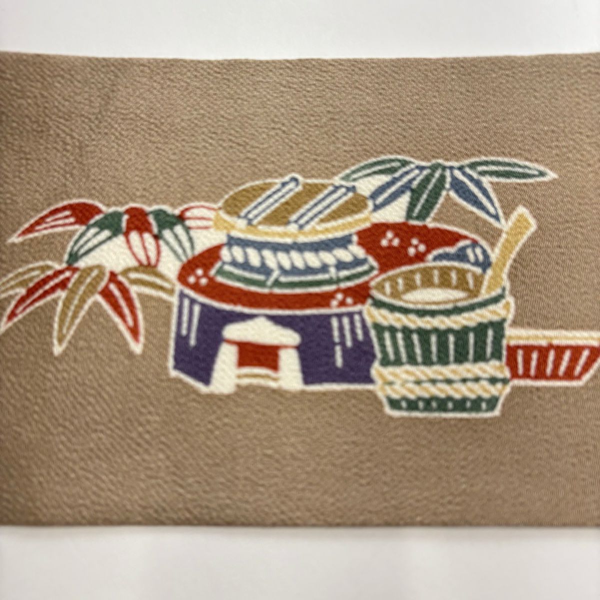 【美品】名古屋帶 秀品級 建築 竹子葉 絞織 薄茶 純蠶絲