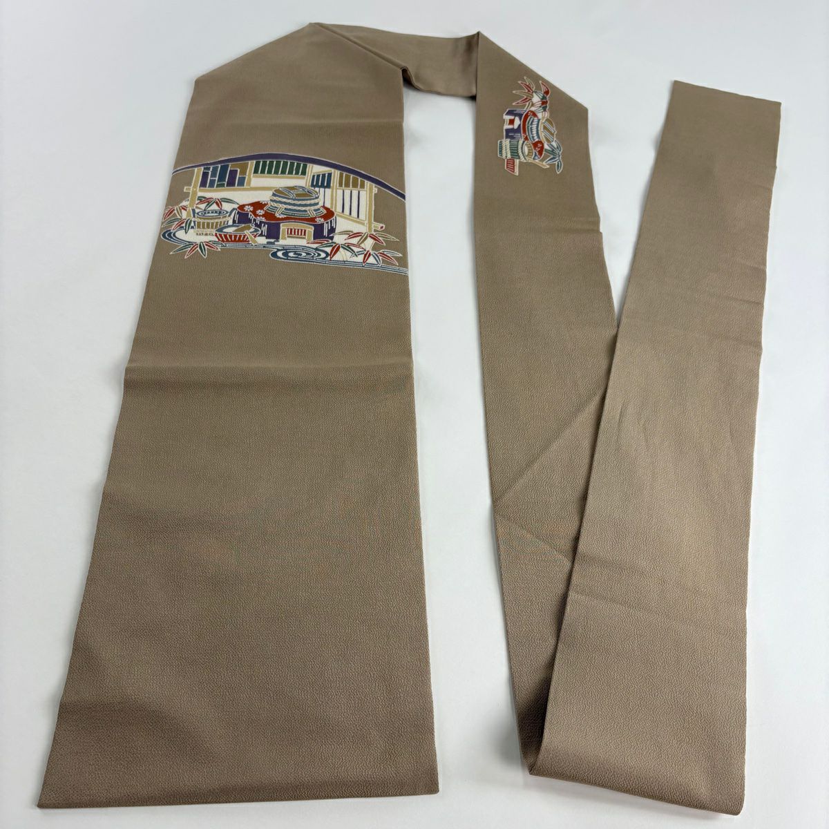 【美品】名古屋帶 秀品級 建築 竹子葉 絞織 薄茶 純蠶絲