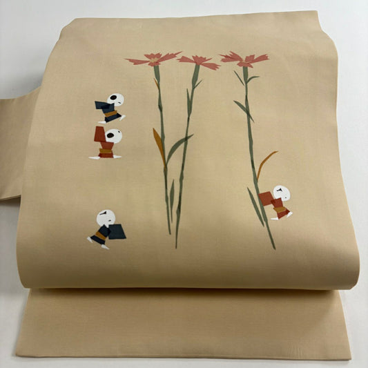 【美品】 名古屋帶 秀品級 草花紋紋 童款 米色 純蠶絲