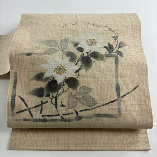 名古屋帶 優品級 草花紋 米色 純蠶絲