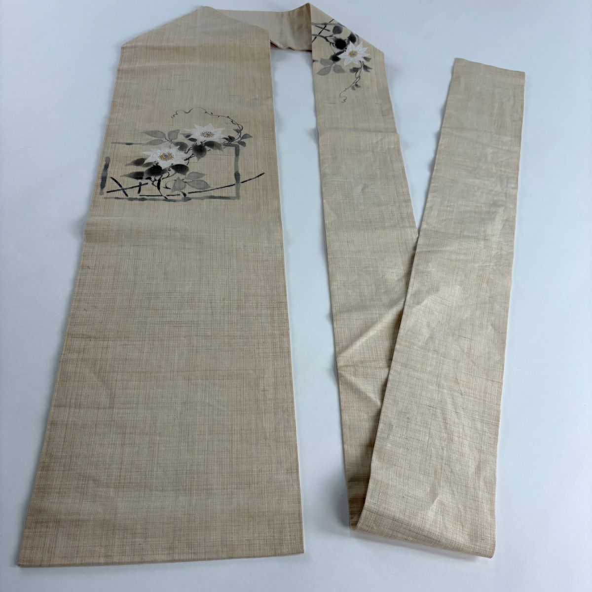 名古屋帶 優品級 草花紋 米色 純蠶絲