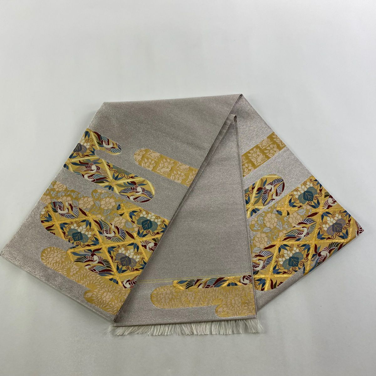 【美品】 袋帶 秀品級 霞取鳳凰桐紋樣 金銀彩 金金箔 淺紫色 大鼓圖案 純蠶絲