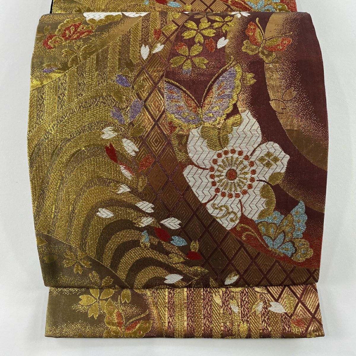 【美品】 袋帶 秀品級 蝶花 櫻花 金彩裝飾 金色 六通 純蠶絲