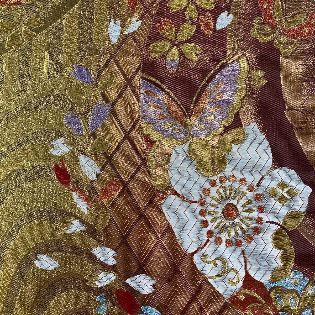 【美品】 袋帶 秀品級 蝶花 櫻花 金彩裝飾 金色 六通 純蠶絲