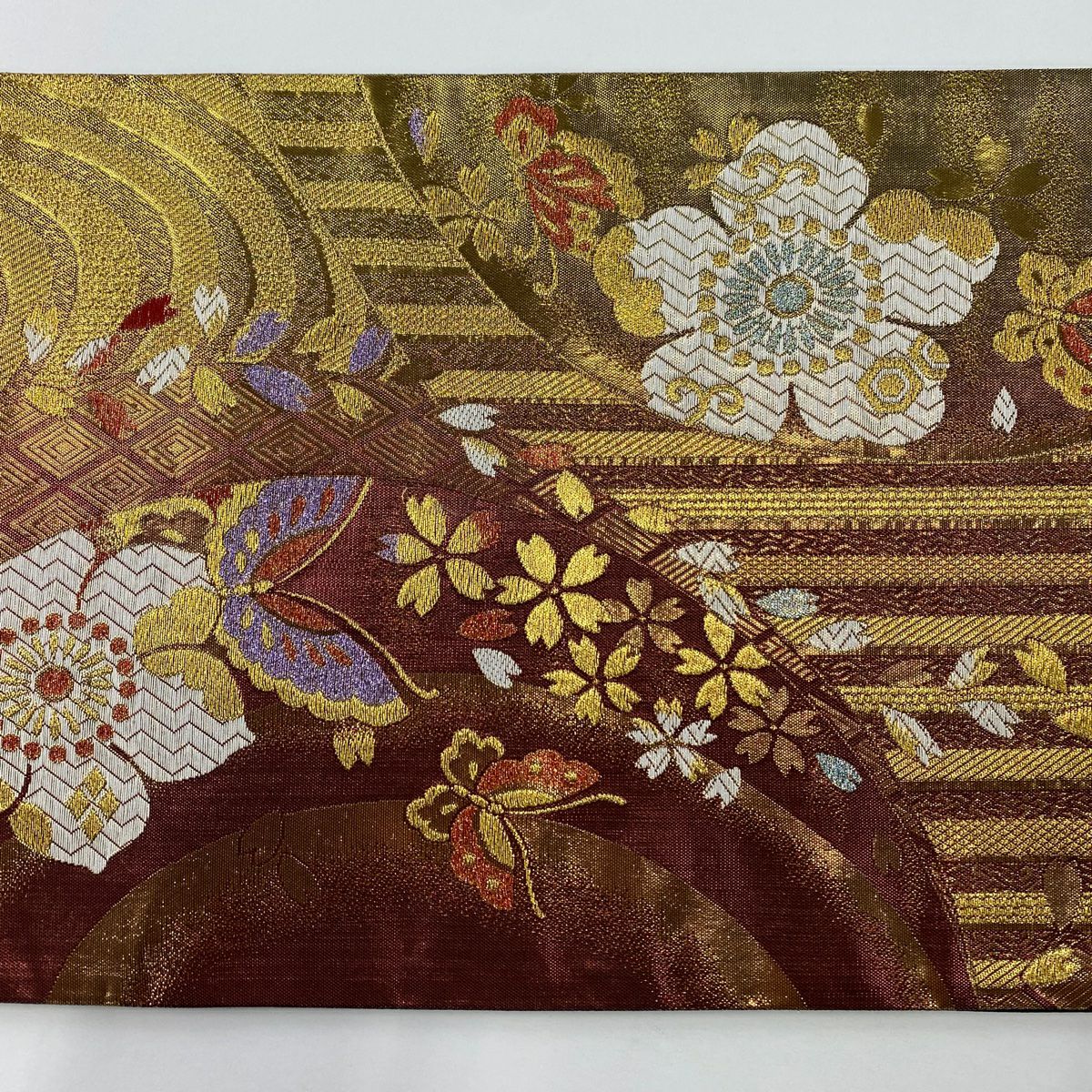 【美品】 袋帶 秀品級 蝶花 櫻花 金彩裝飾 金色 六通 純蠶絲