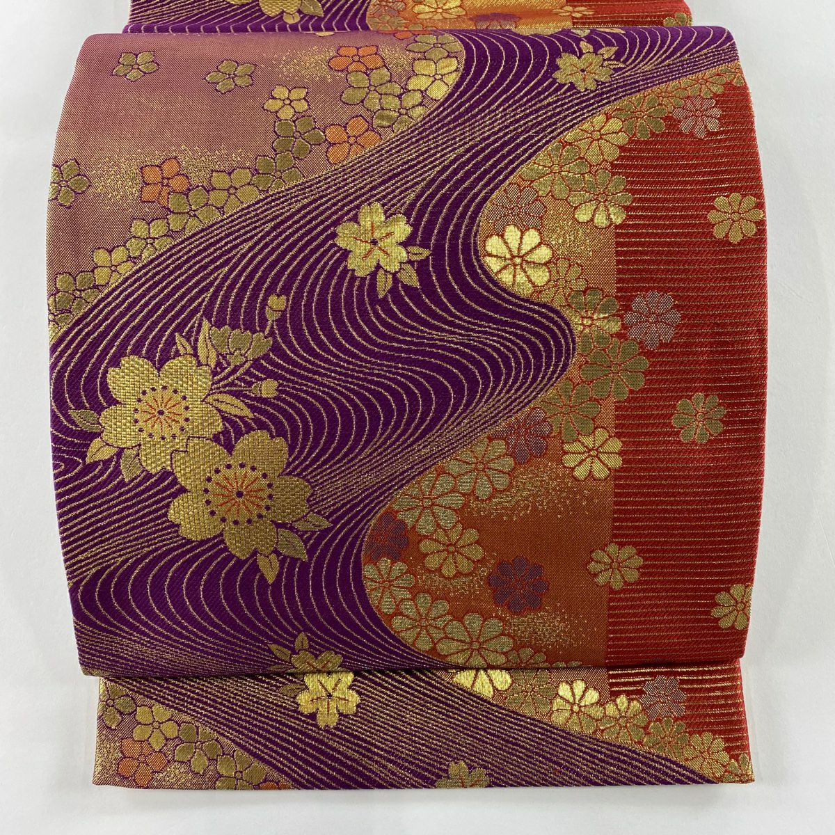 【美品】 袋帶 優品級 振袖禮服禮服用 櫻花 流水 金絲 金金箔 紫色 全通 純蠶絲