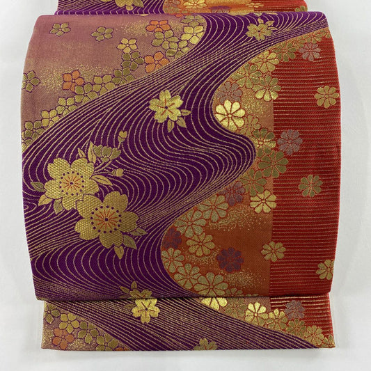 【美品】 袋帶 優品級 振袖禮服禮服用 櫻花 流水 金絲 金金箔 紫色 全通 純蠶絲