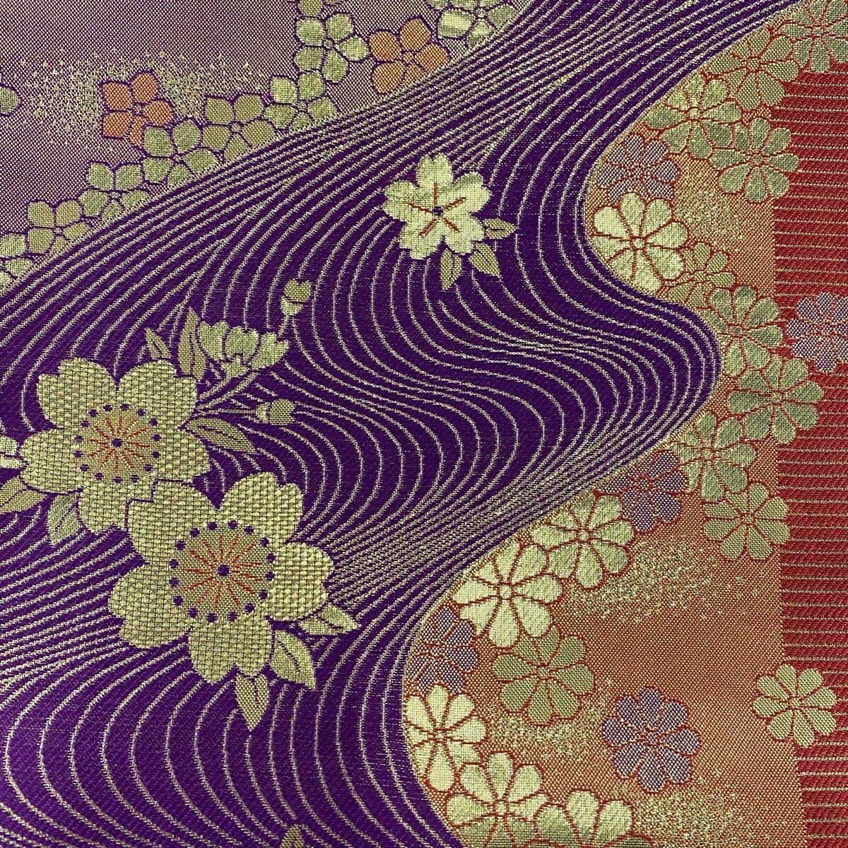 【美品】 袋帶 優品級 振袖禮服禮服用 櫻花 流水 金絲 金金箔 紫色 全通 純蠶絲