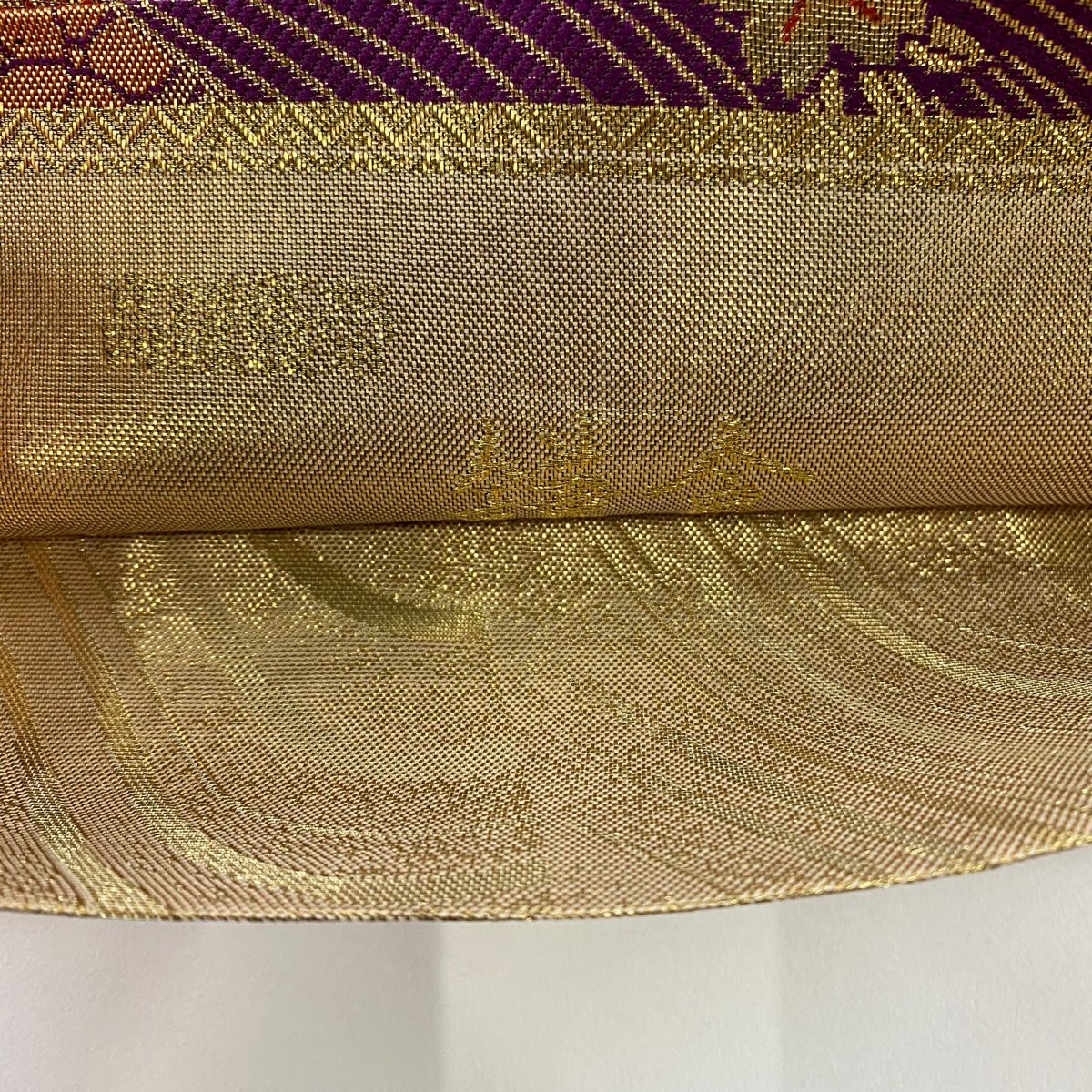 【美品】 袋帶 優品級 振袖禮服禮服用 櫻花 流水 金絲 金金箔 紫色 全通 純蠶絲