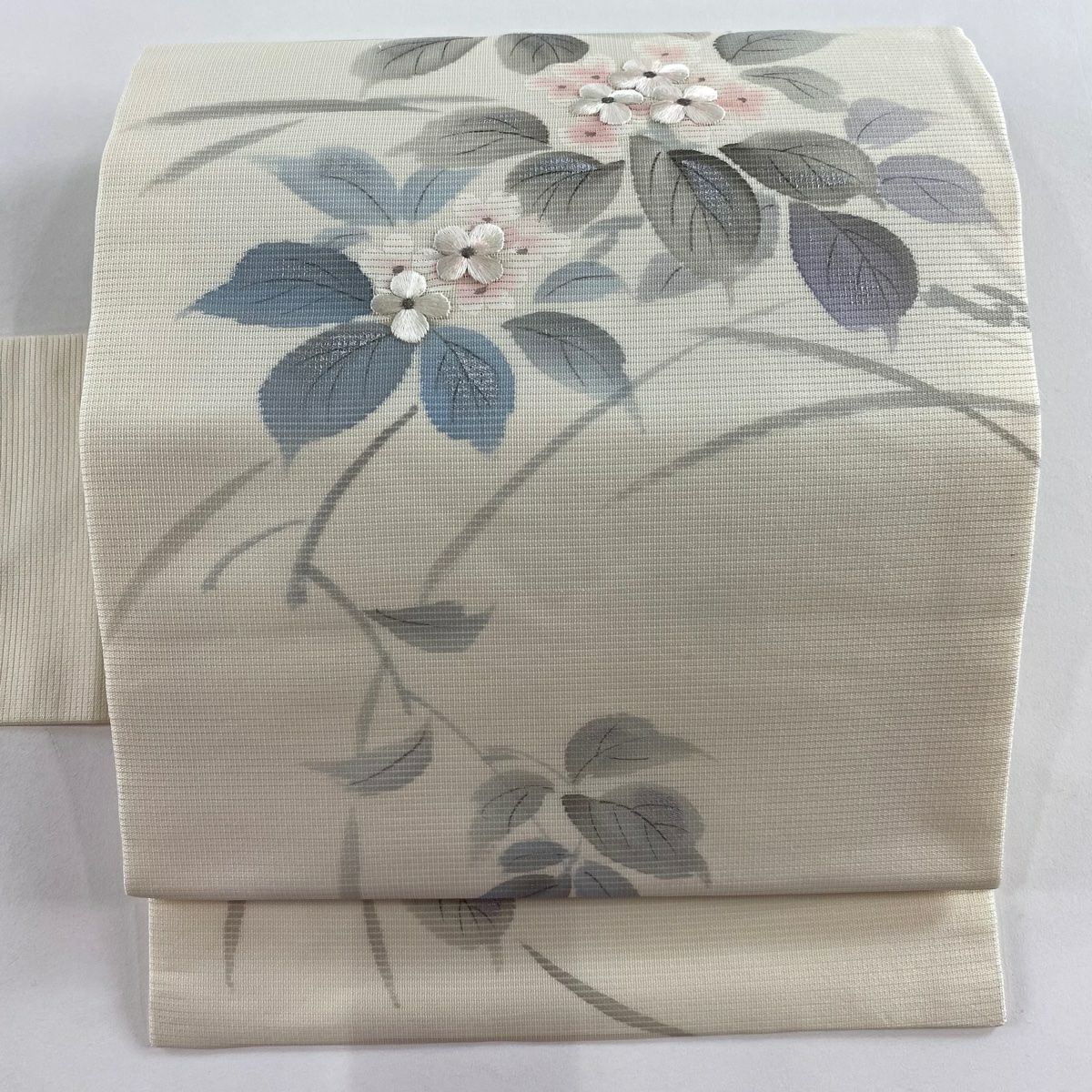 名古屋帶 秀品級 落款 夏帶 絽 草花紋刺繡 金銀彩 奶油色 純蠶絲