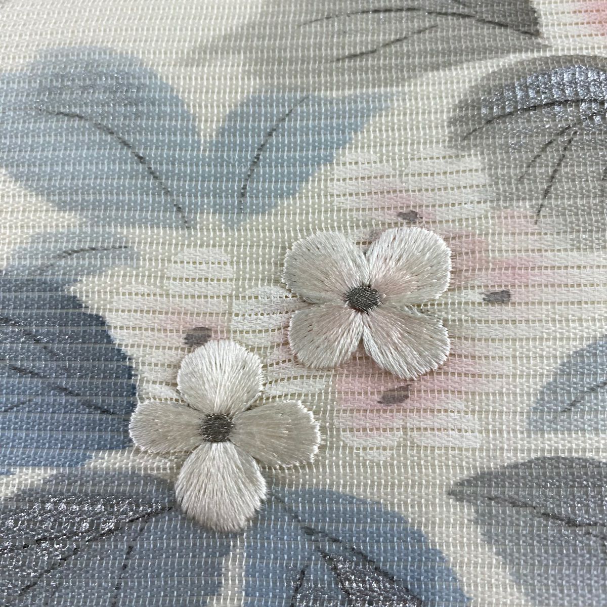 名古屋帶 秀品級 落款 夏帶 絽 草花紋刺繡 金銀彩 奶油色 純蠶絲