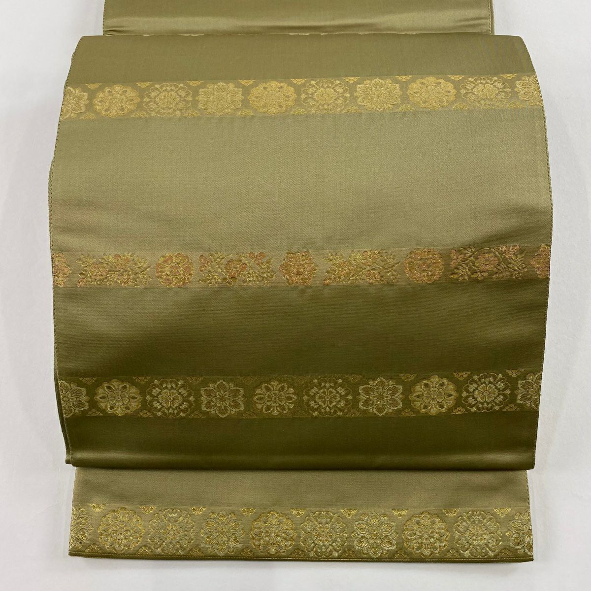 【美品】 袋帶 秀品級 青雲間道 金金箔 金絲 鶯色 六通 純蠶絲