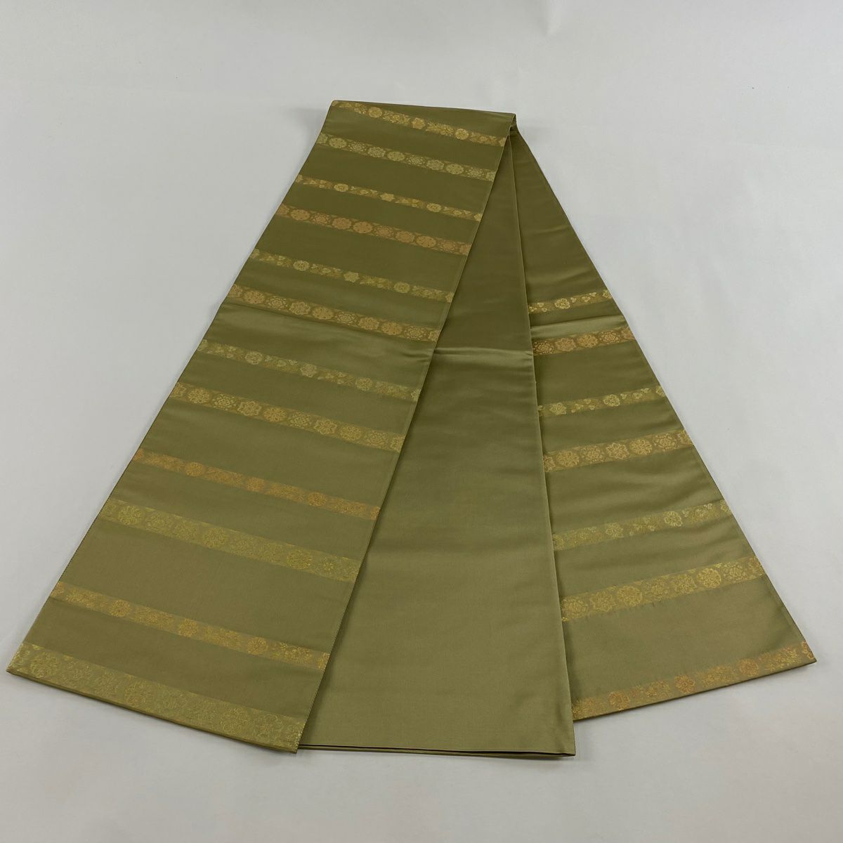 【美品】 袋帶 秀品級 青雲間道 金金箔 金絲 鶯色 六通 純蠶絲