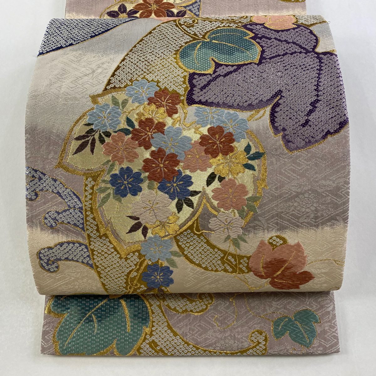 【美品】 袋帶 秀品級櫻花葉刺繡金線灰紫六通純蠶絲
