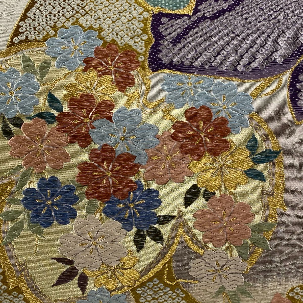 【美品】 袋帶 秀品級櫻花葉刺繡金線灰紫六通純蠶絲