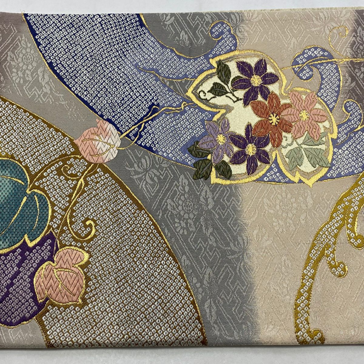 【美品】 袋帶 秀品級櫻花葉刺繡金線灰紫六通純蠶絲