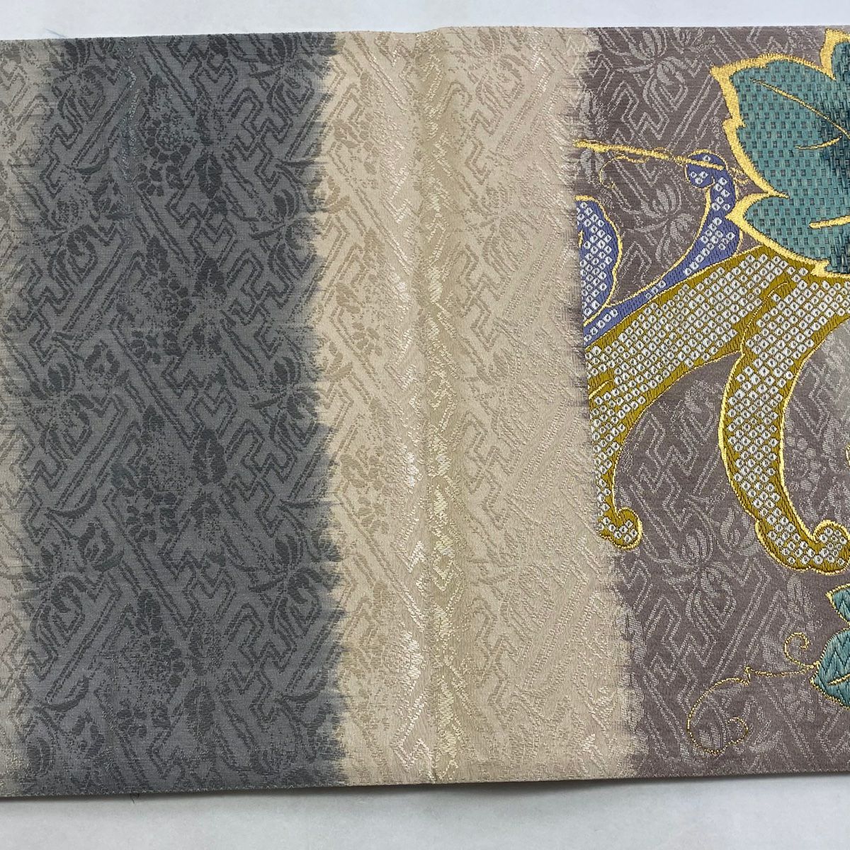 【美品】 袋帶 秀品級櫻花葉刺繡金線灰紫六通純蠶絲
