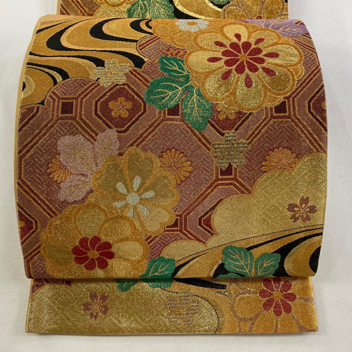 【美品】 袋帶 秀品級 京華 菊花 蜀江文 金絲 金金箔 金 六通 純蠶絲