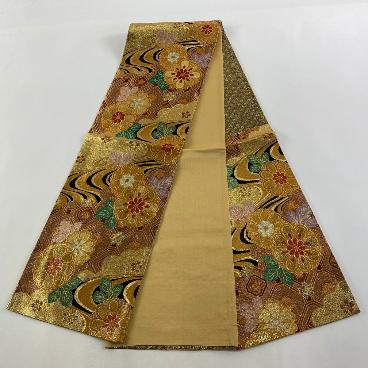 【美品】 袋帶 秀品級 京華 菊花 蜀江文 金絲 金金箔 金 六通 純蠶絲