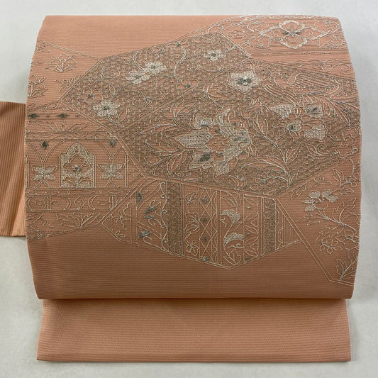 【美品】 名古屋帶 秀品級 夏帶 絽 草花紋 紋 花菱 銀線 粉紅 純蠶絲