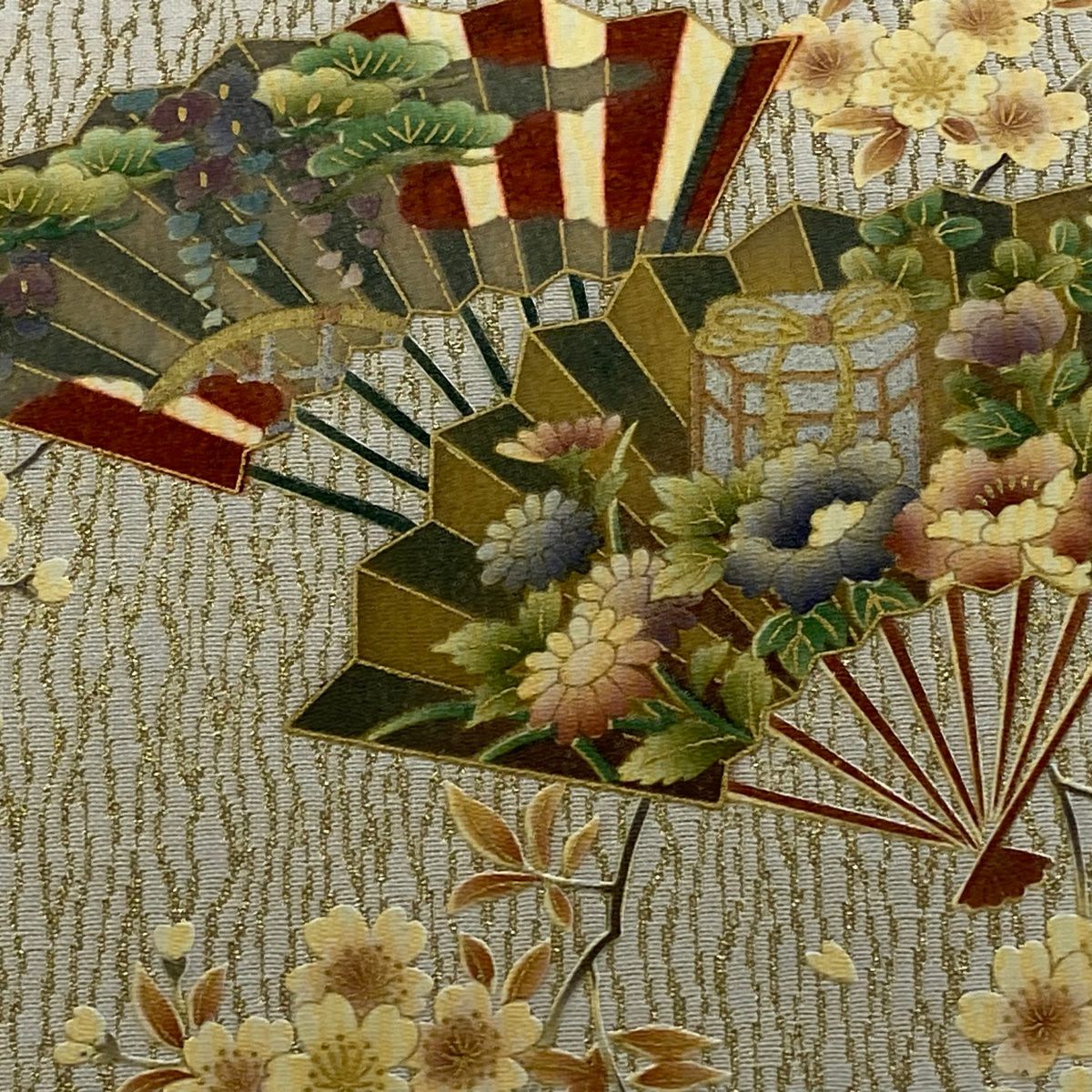 【美品】 袋帶 秀品級 扇子子 櫻花 金絲 金銀彩 米色 大鼓圖案 純蠶絲