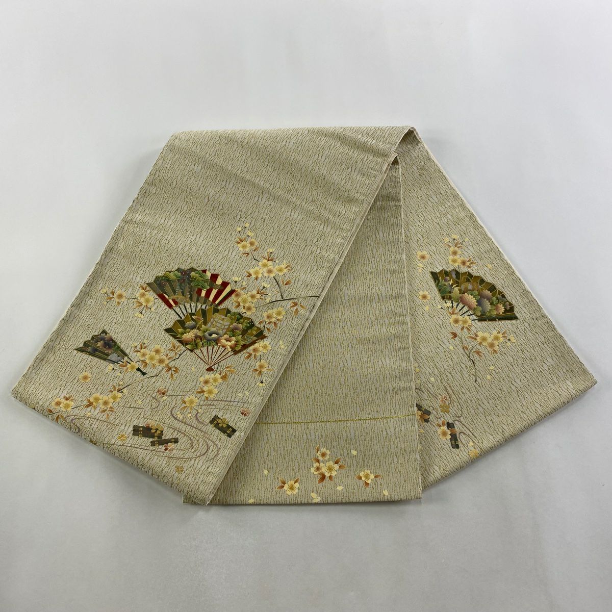 【美品】 袋帶 秀品級 扇子子 櫻花 金絲 金銀彩 米色 大鼓圖案 純蠶絲