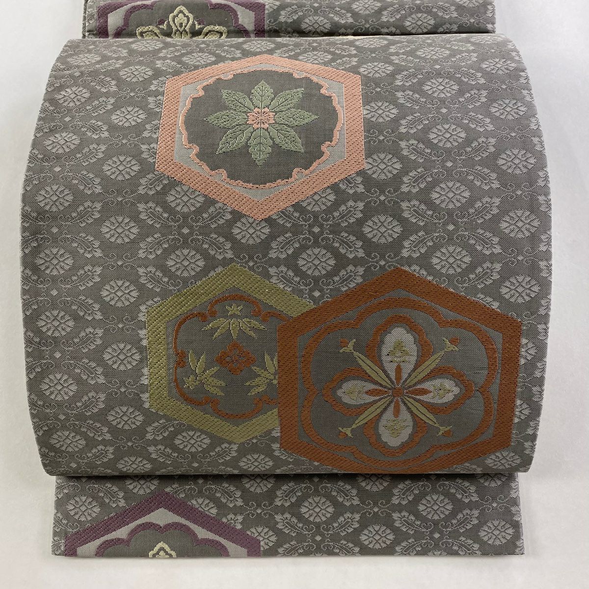 袋帶 秀品級 龜甲花 刺繡 灰 深藍 六通 純蠶絲