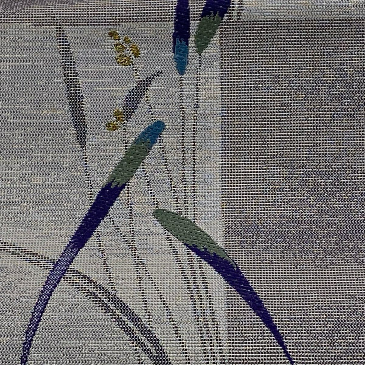 【美品】 袋帶 秀品級 草花紋紋 市松樹 金絲 刺繡 灰紫 六通 純蠶絲