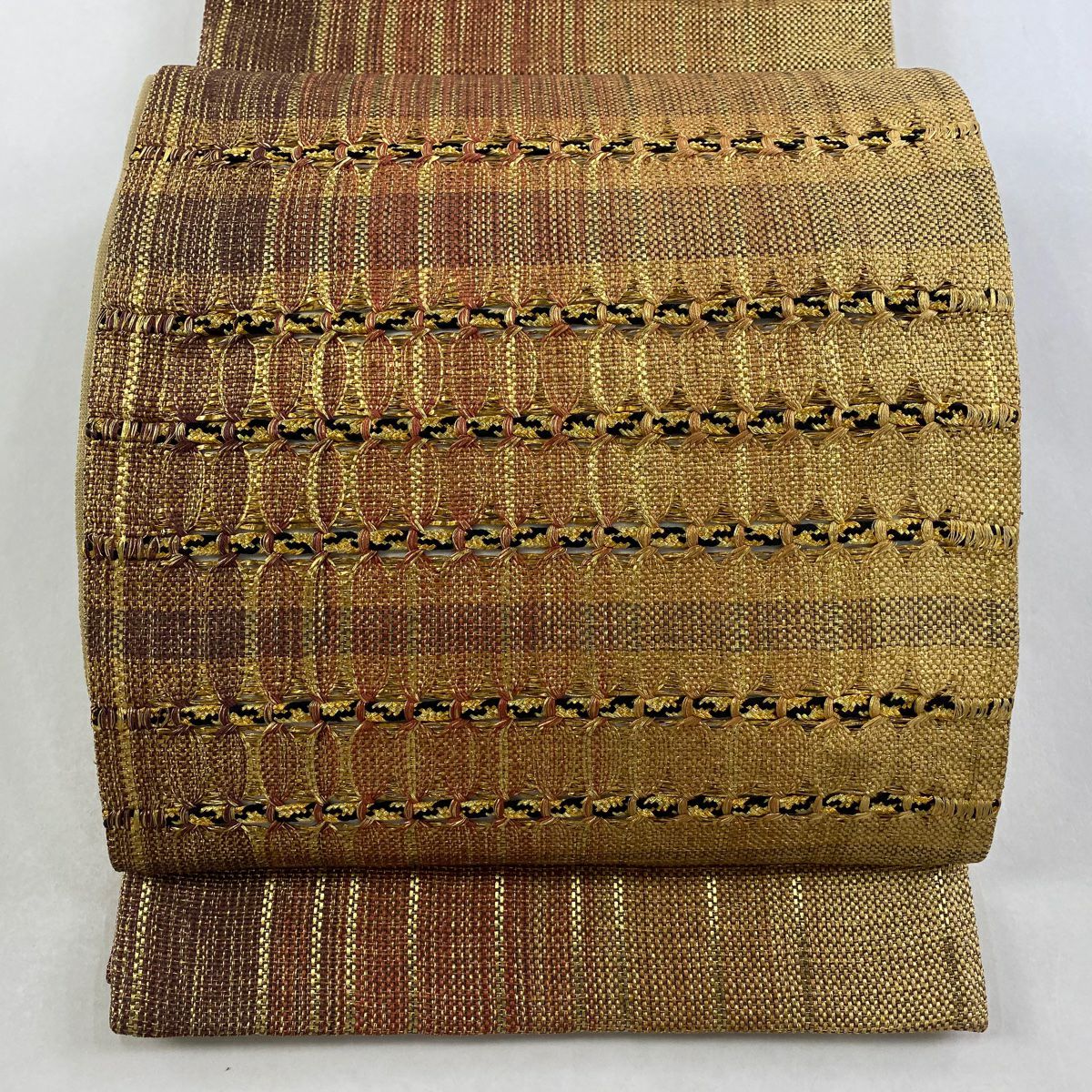 【美品】 袋帶 秀品級 縞 金糸 金金箔 紅茶 お太鼓圖案 純蠶絲