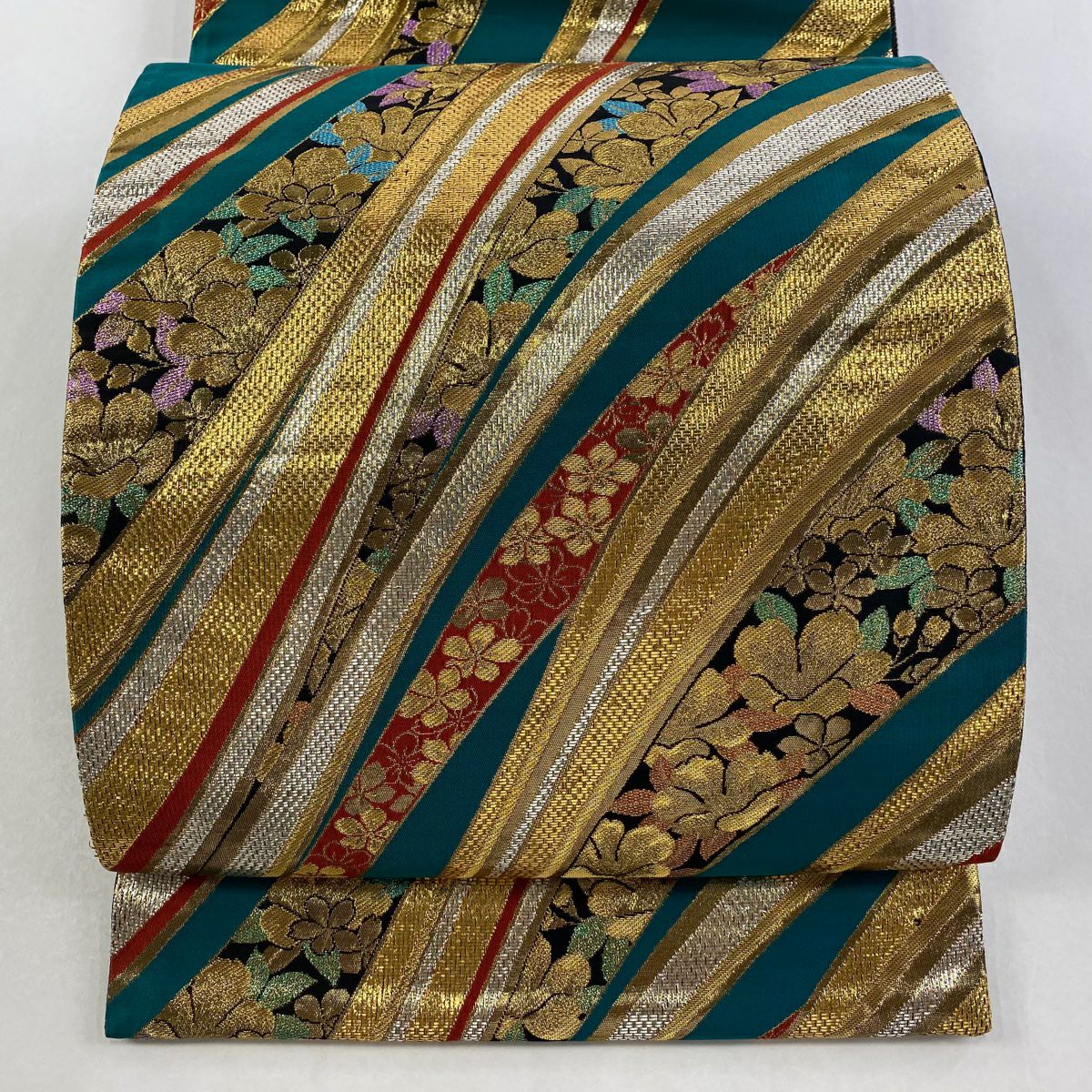袋帶 秀品級 草花紋紋 斜條 金金箔 金絲 綠 六通 純蠶絲