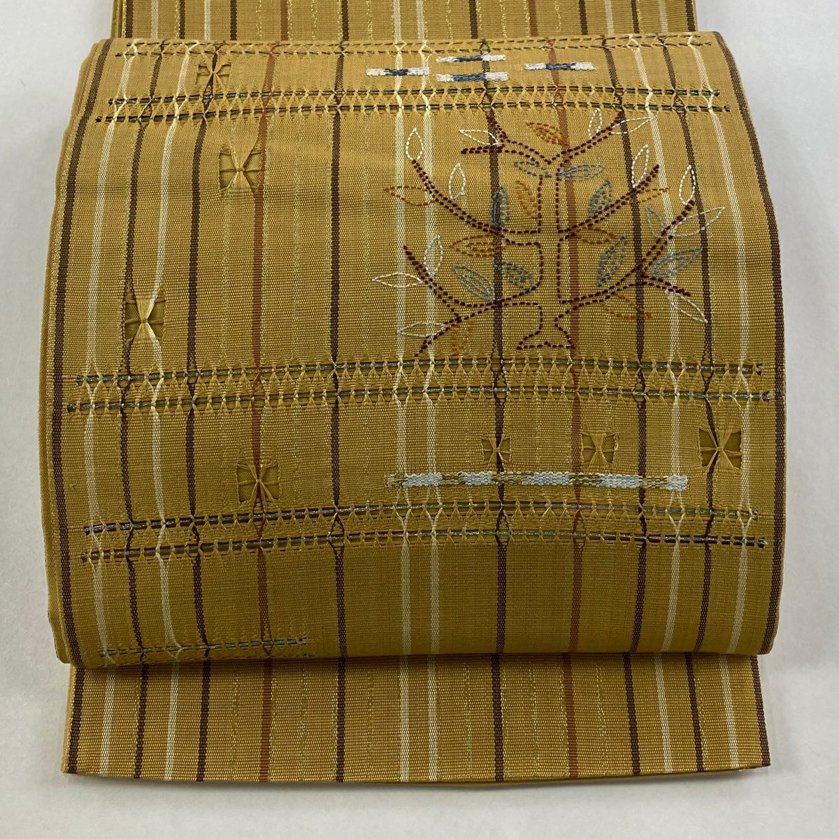 袋帶 名品級 樹木 縞紋 金絲 刺繡 淺黃土色 大鼓圖案 純蠶絲