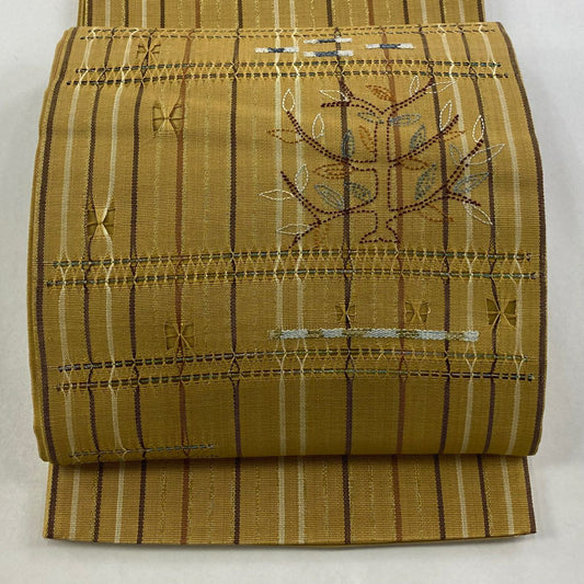 袋帶 名品級 樹木 縞紋 金絲 刺繡 淺黃土色 大鼓圖案 純蠶絲