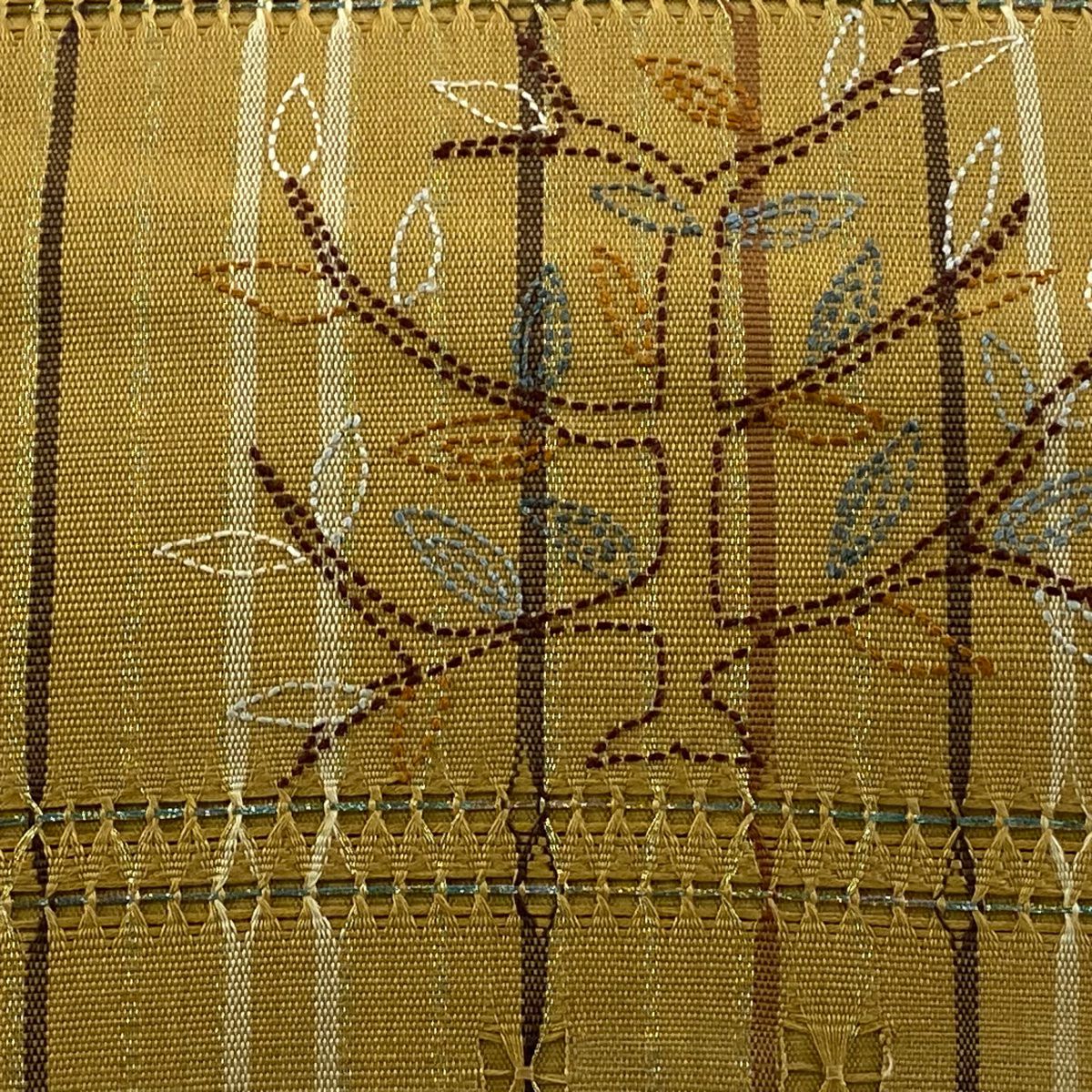 袋帶 名品級 樹木 縞紋 金絲 刺繡 淺黃土色 大鼓圖案 純蠶絲