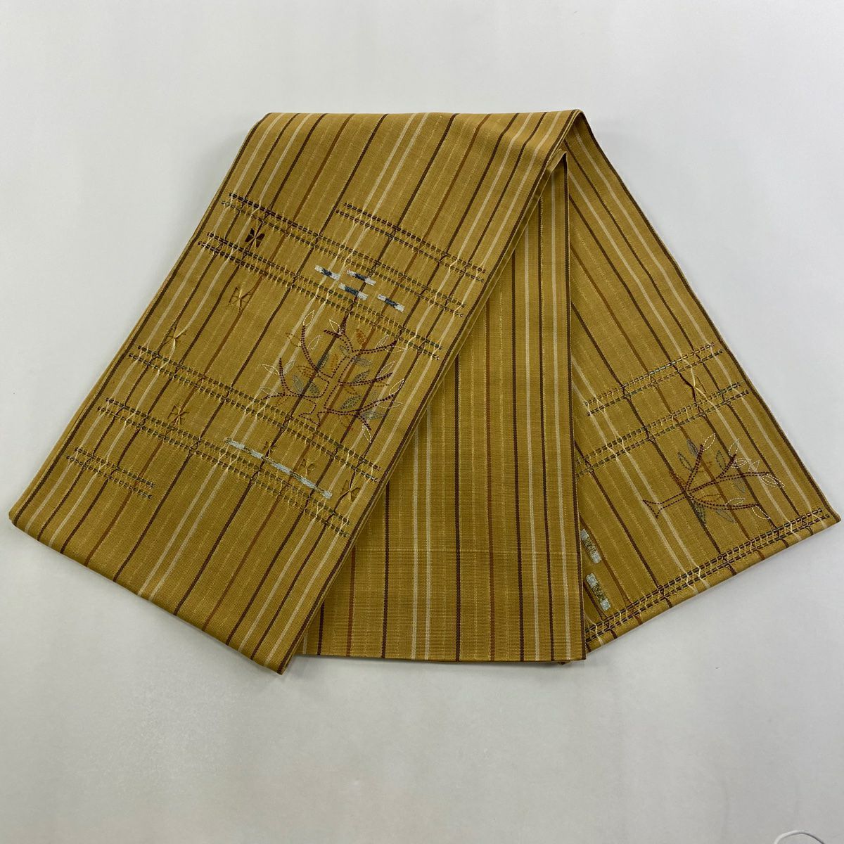 袋帶 名品級 樹木 縞紋 金絲 刺繡 淺黃土色 大鼓圖案 純蠶絲