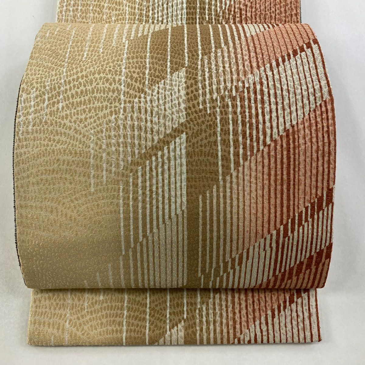 【美品】 袋帶 名品級 條紋圖案 幾何圖案 金線 淺茶 全通 純蠶絲