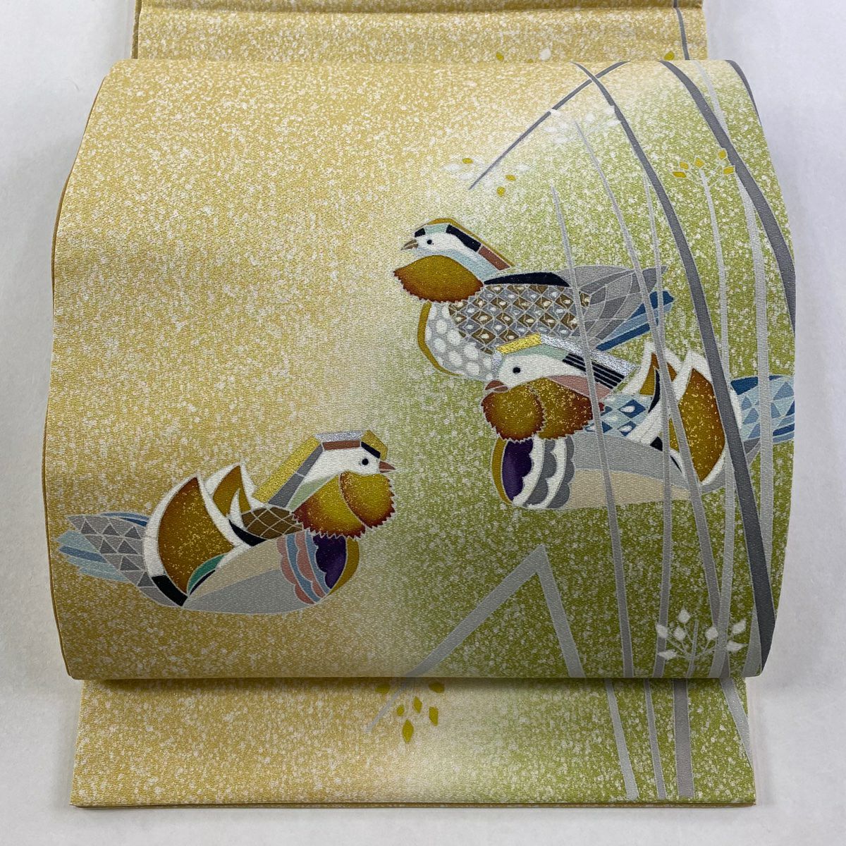 【美品】 袋帶 名品級 鴛鴦 草花紋紋 金銀彩 金金箔 米色 大鼓圖案 純蠶絲