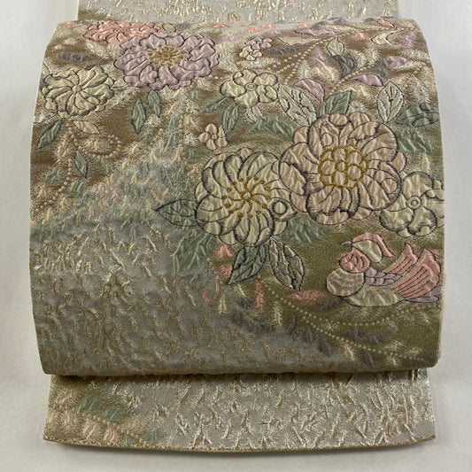 袋帶 名品級 辻花染 鴛鴦 金絲 金金箔 米色 六通 純蠶絲