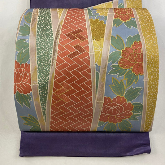袋帶 名品級 牡丹 菊花 刺繡 金絲 紫色 お太鼓圖案 純蠶絲