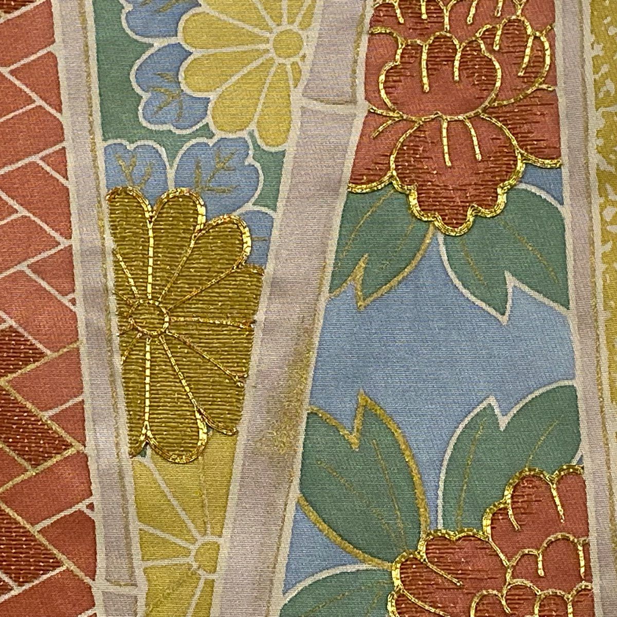 袋帶 名品級 牡丹 菊花 刺繡 金絲 紫色 お太鼓圖案 純蠶絲