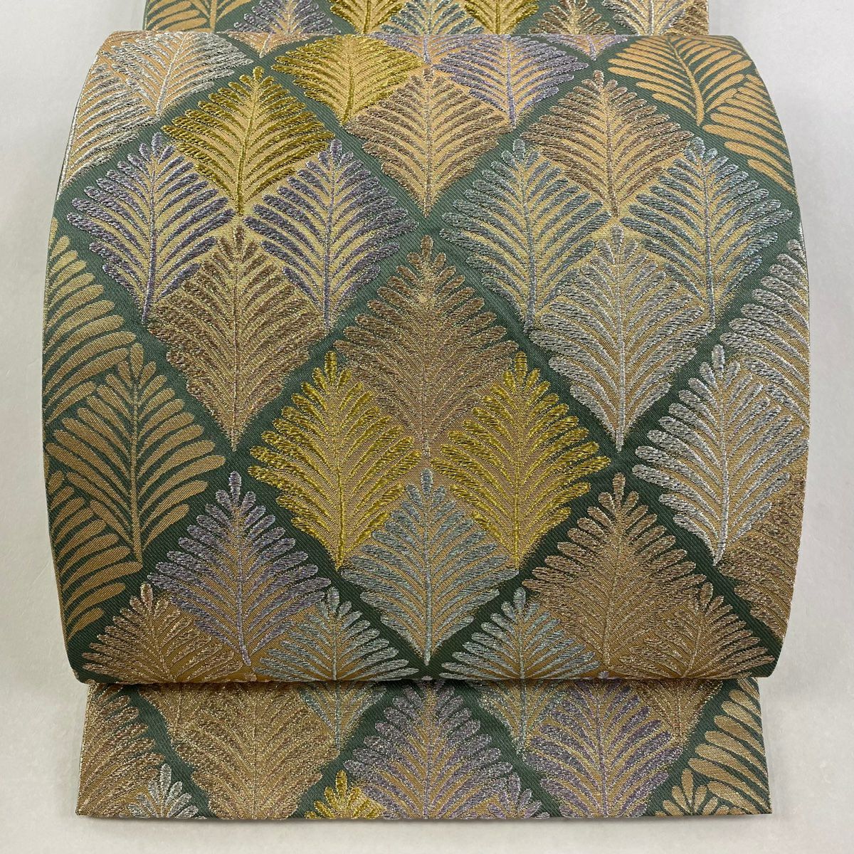 【美品】 袋帶 名品級 若松樹菱 金銀糸 金金箔 灰綠 六通 純蠶絲