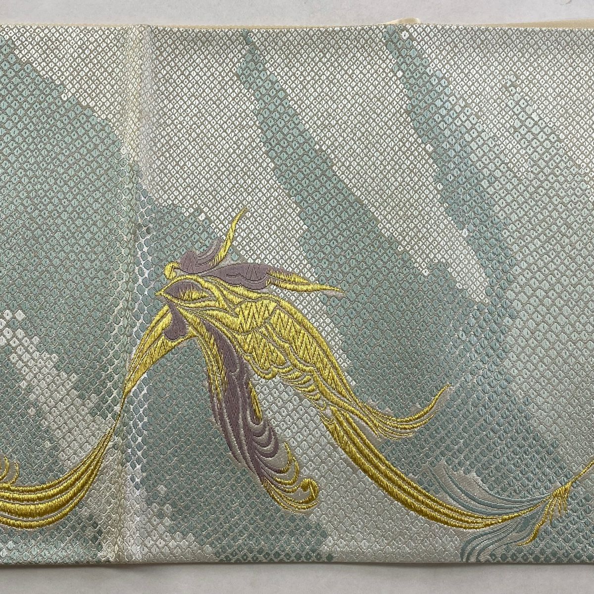 袋帶 名品級 蝶 霞 金絲 金金箔 淺綠 六通 純蠶絲