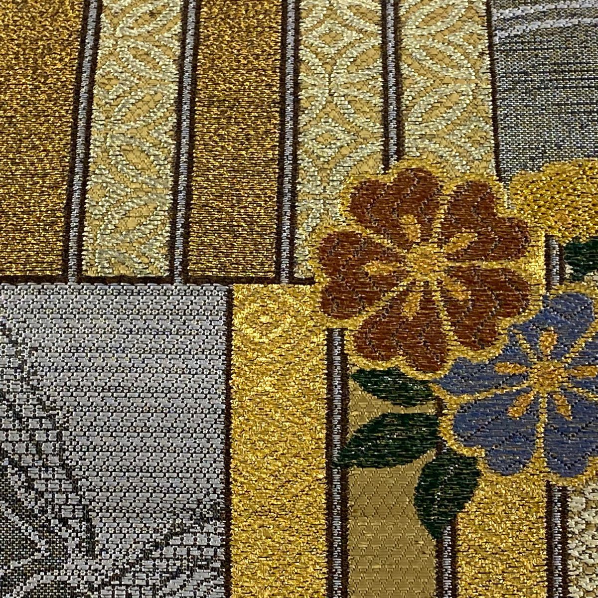 【美品】 袋帶 名品級 關西仕立 紅葉 金金箔 黑灰 六通 純蠶絲