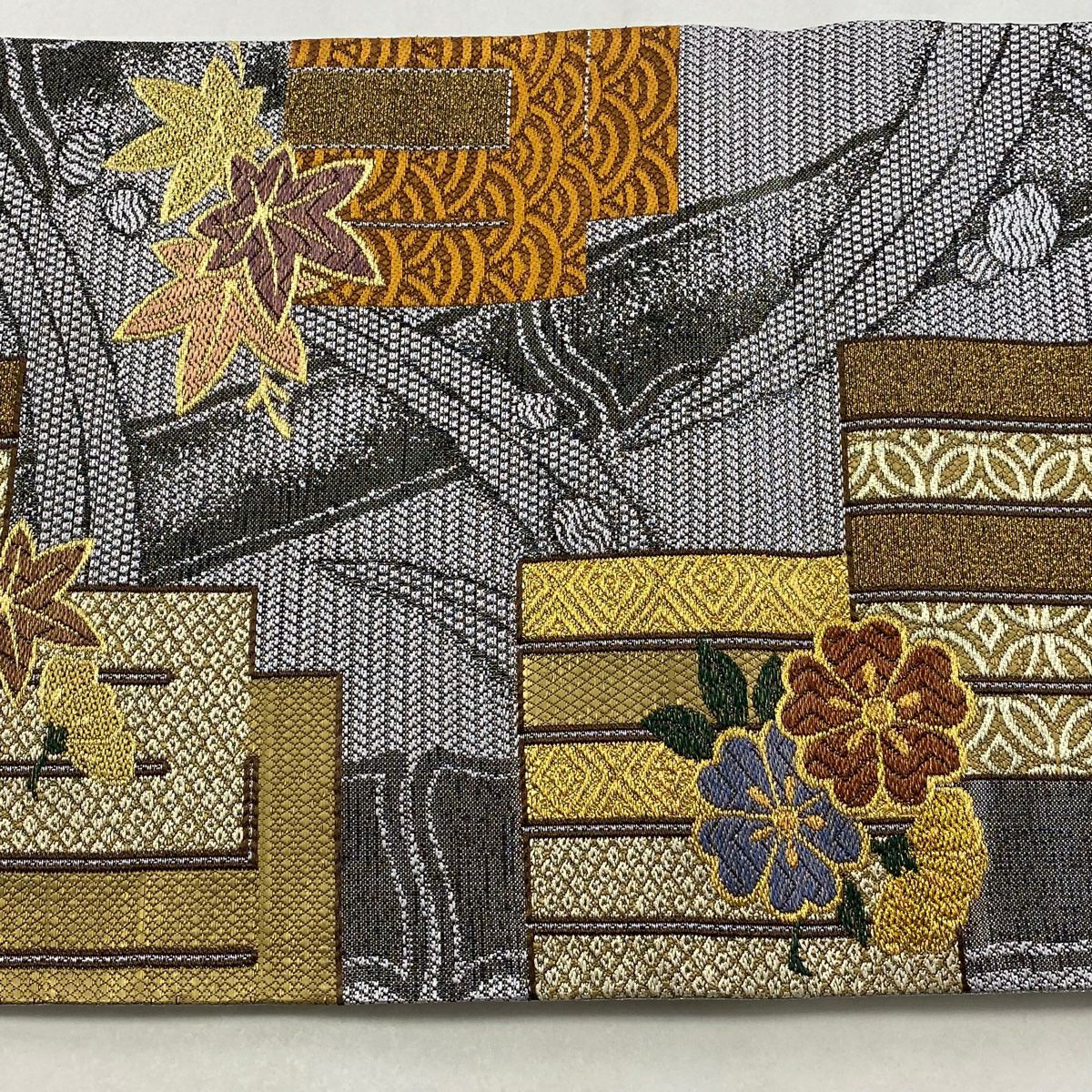 【美品】 袋帶 名品級 關西仕立 紅葉 金金箔 黑灰 六通 純蠶絲