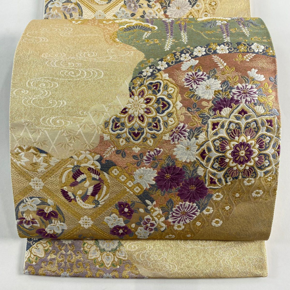 【美品】 袋帶 逸品級 じゅらく 落款あり 帝王紫 華紋 花丸文 金糸 金金箔 金 六通 純蠶絲