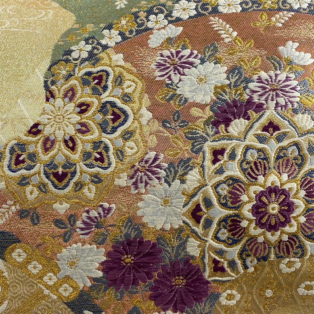 【美品】 袋帶 逸品級 じゅらく 落款あり 帝王紫 華紋 花丸文 金糸 金金箔 金 六通 純蠶絲