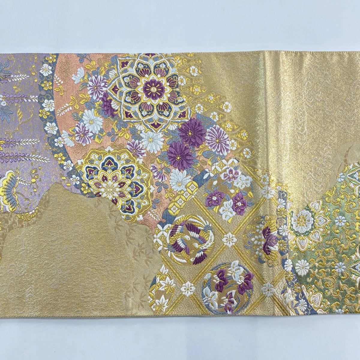 【美品】 袋帶 逸品級 じゅらく 落款あり 帝王紫 華紋 花丸文 金糸 金金箔 金 六通 純蠶絲